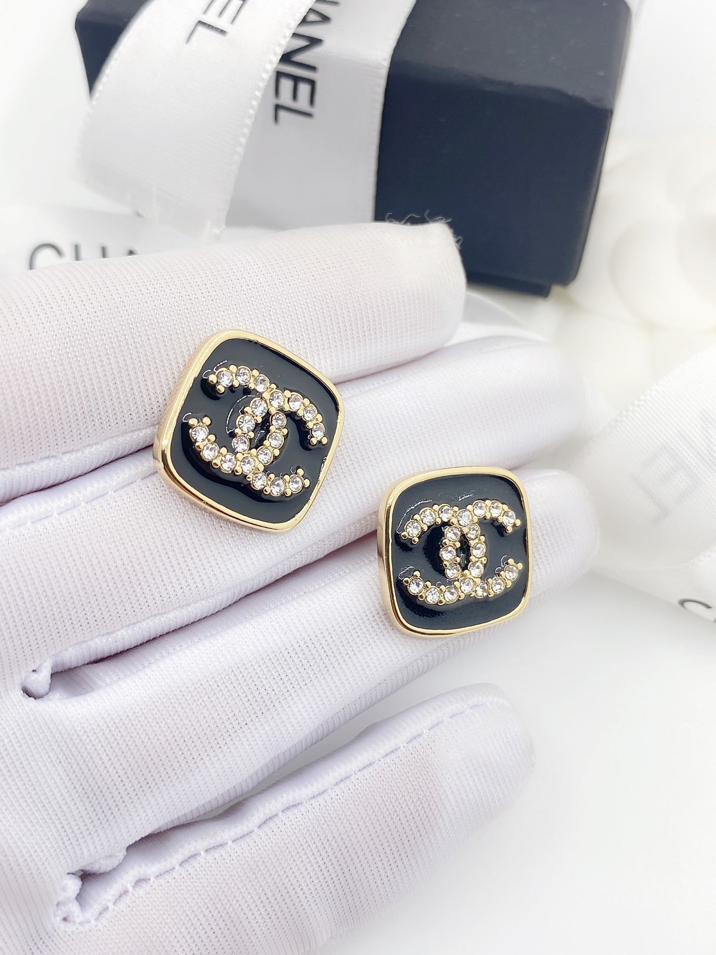 18K Chanel Square Resin Diamond Earrings