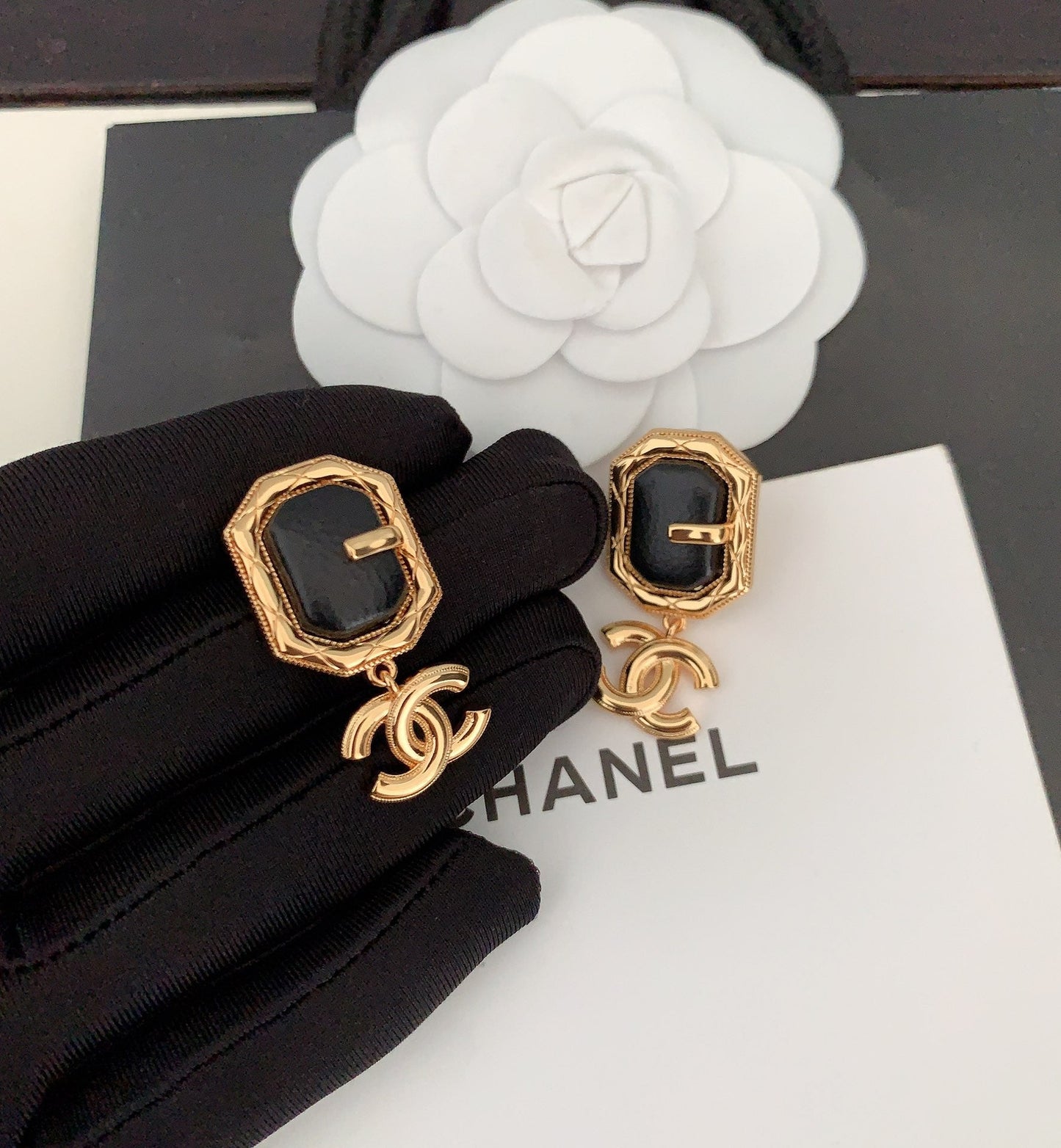 18K Chanel Pendant Leather Earrings