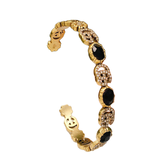 18K Double Gucci Flowers Black Crystals Open Cuff Bracelet