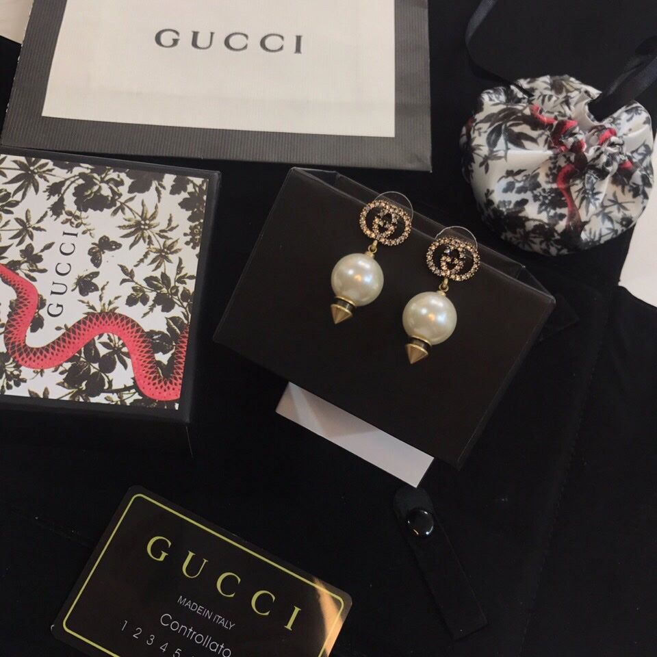 18K Double Gucci Pearl Pendant Earrings